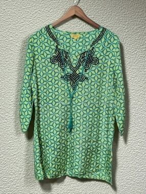 Silk Tunic Top Roberta Roller Rabbit Geometric Green M Medium